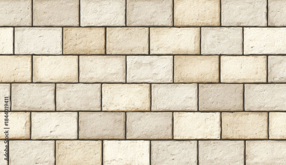 Obraz premium Seamless pattern of cream-colored stone bricks with textured surface and rectangular shape