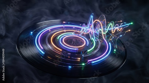 A captivating vinyl record radiates vibrant energy with animated neon light visualizations of sound waves, set against a dark, moody background.