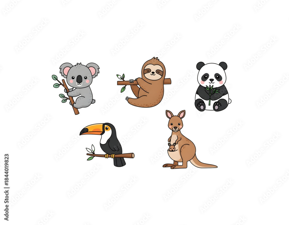 Obraz premium Cute Animal Icons Set Koala, Sloth, Panda, Toucan, Kangaroo