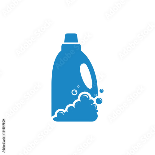 Blue detergent bottle with bubbles for cleaning clothes and laundry.