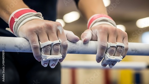 Grasping the Bars: A gymnast prepares, gripping the bars with determination and chalk-covered hands, ready to demonstrate skill and strength.