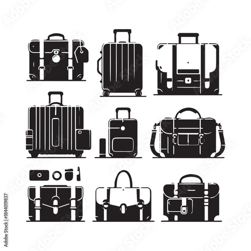 Black Suitcase Icons Pack – Travel Bag Vector Illustration