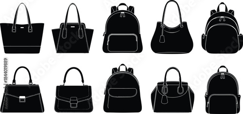 Handbags and backpacks silhouette set, women fashion bags collection, tote shoulder and backpack designs, black vector illustration isolated on white background