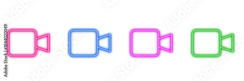Neon glowing video camera vector icons set, recording, multimedia, streaming, broadcast, movie, vibrant colorful digital design illustration on transparent background.