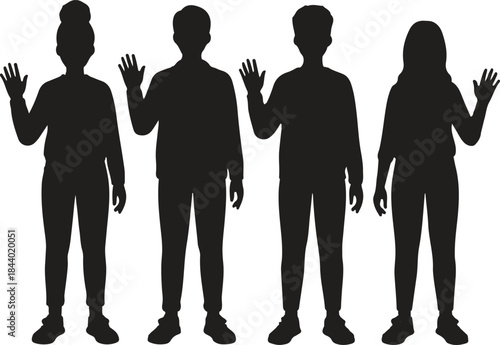Waving Children Silhouette – Inclusive Black Figures in Greeting Pose
