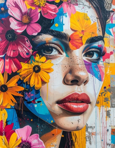 Close-up of a face, integrated with vibrant flowers, creative art
