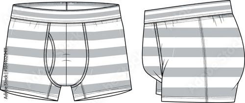 Men underwear boxer brief technical sketch, striped apparel design, front and back views, cad drawing flat vector illustration
