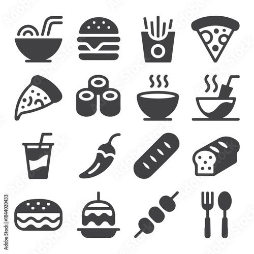 Restaurant Food Symbols Collection, Cafe and Fast Food Silhouette Icons