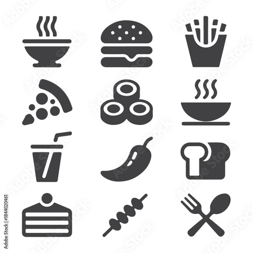 Restaurant Food Symbols Collection, Cafe and Fast Food Silhouette Icons