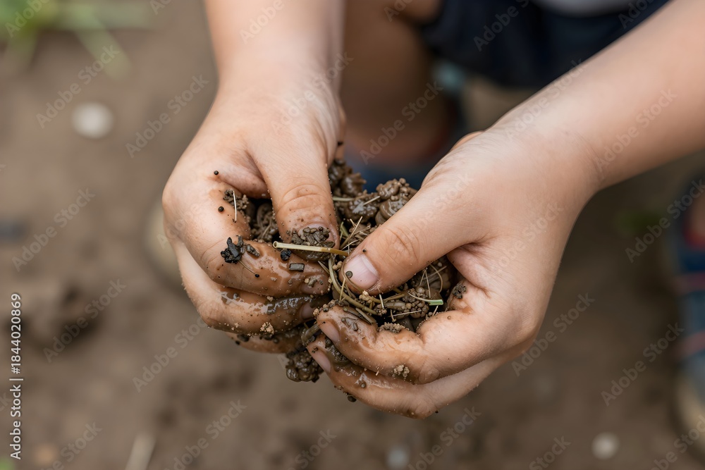 Obraz premium Child's Hands Holding Wet Dirt and Soil with Small Stones and Organic Matter