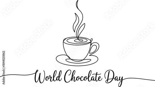 Black and white cup of hot chocolate with steam and Chocolate Day text