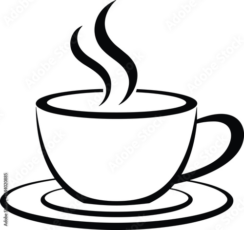 Black and white illustration of a steaming coffee cup and saucer