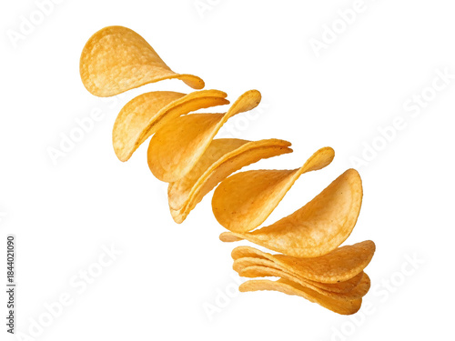 Golden Potato Chips Floating and Stacked Snack Presentation