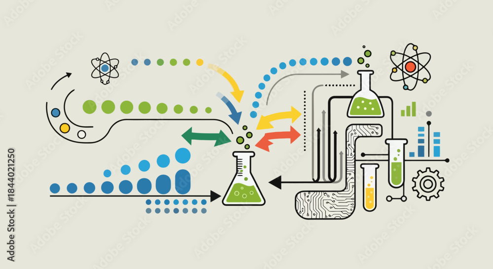 Naklejka premium Scientific process illustration with beakers, arrows, and data flow.