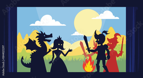 Shadow Puppet Show Depicting a Fantasy Story with Dragon, Princess, and Knight.