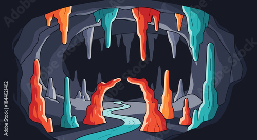 Vibrant Cave Interior with Stalactites and Stalagmites and Flowing River.
