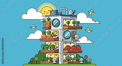 Vertical Farm Building with Diverse Crops and Sustainable Features.