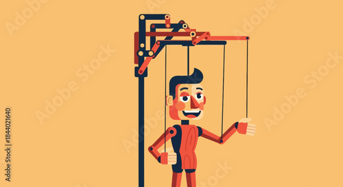 Wooden puppet with strings controlled by a mechanism.