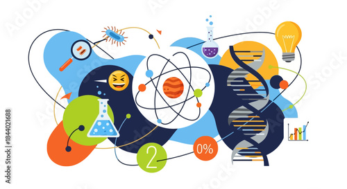Abstract representation of scientific concepts and research elements.