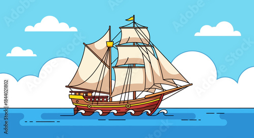 Classic Sailing Ship Navigating Calm Waters Under Clear Sky.