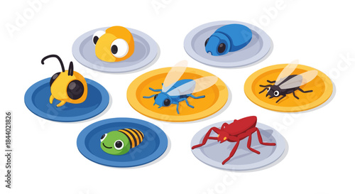 Collection of colorful cartoon insect toys on round bases.