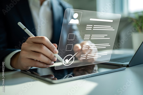 Person using a stylus on a tablet to interact with a digital interface and checklist