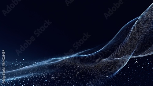 Streaming blue digital particles forming flowing technology wave on deep navy abstract background