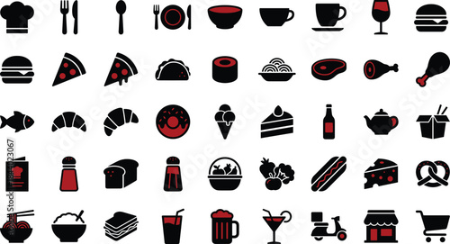 Food and Drink Icon Set, Black and Red Flat Design, Kitchenware, Meals, Beverages, Dining Symbols, Culinary Vector and Drink Icon Set, Black and Red Flat Design, Kitchenware, Meals, Bev