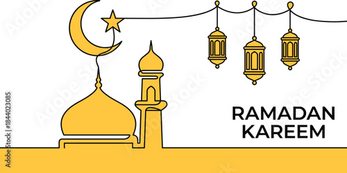 Ramadan Kareem Islamic background illustration, mosque silhouette with crescent moon and hanging lanterns, festive Muslim holiday greeting vector design
