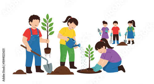 Children actively participating in a tree planting and watering event.