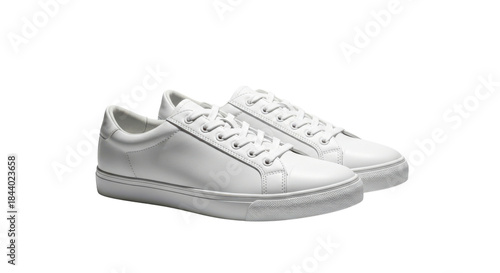 Pair of white leather low top sneakers with white laces on black background shoes footwear, Isolated On Png Transparent Background