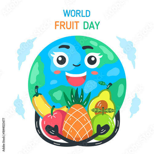 cute earth cartoon hugging various fruits.illustration with world fruit day theme.vector isolated on white background