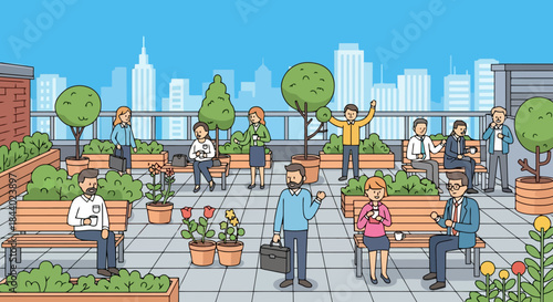 Diverse group of people enjoying a vibrant rooftop garden.