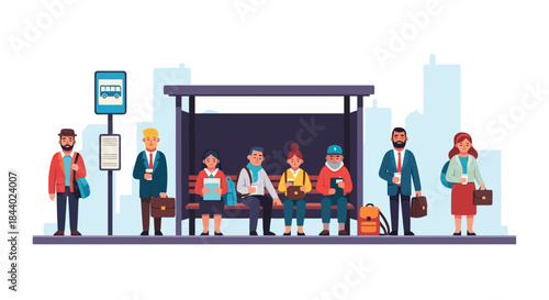 Diverse Group of People Waiting at a Bus Stop.