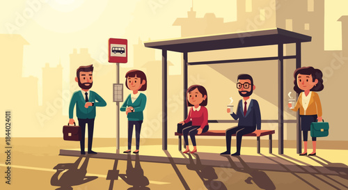 Diverse group of people waiting at a bus stop.