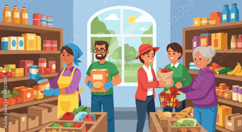 Diverse Group of Volunteers Organizing Food Donations at a Community Food Bank.