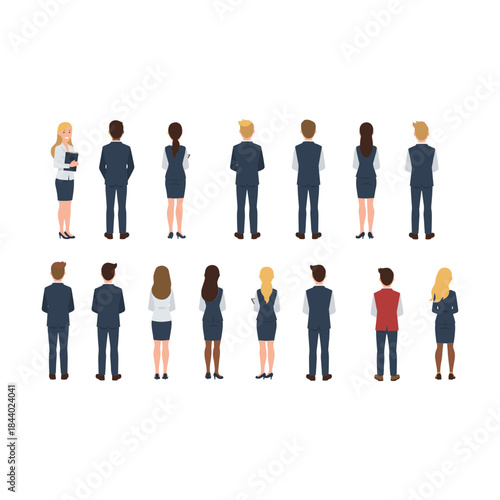 Collection of diverse business people standing with their backs turned.