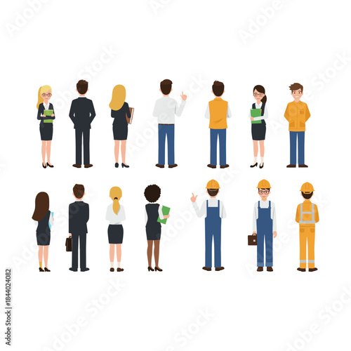 Collection of diverse professional characters shown from the back.
