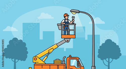 Electrician repairing street light from a boom lift truck.