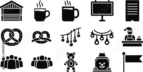 Christmas Market Stall Food and Crowd Icons Set