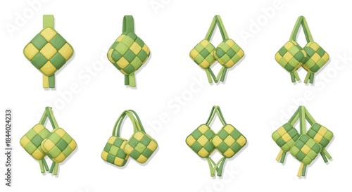 A collection of vividly illustrated traditional woven rice cake delicacies, symbolizing festive celebrations and cultural heritage in Southeast Asia