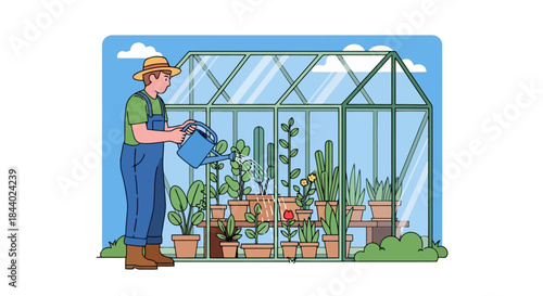 Gardener watering plants in a greenhouse, cultivating and caring for his garden.