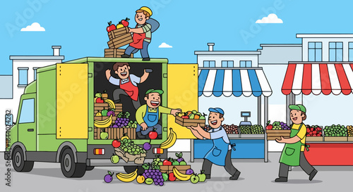Group of people unloading fresh produce from a delivery truck at a market.