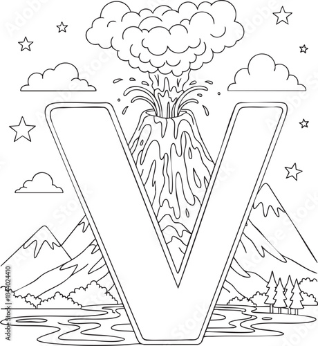Vector illustration of uppercase letter v with volcano eruption scene, mountains and river for kids coloring book