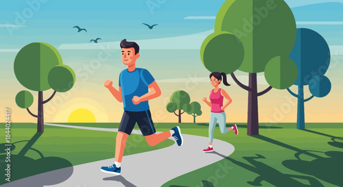 Man and woman jogging in park at sunrise.