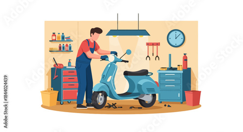 Mechanic working on a vintage scooter in a garage.