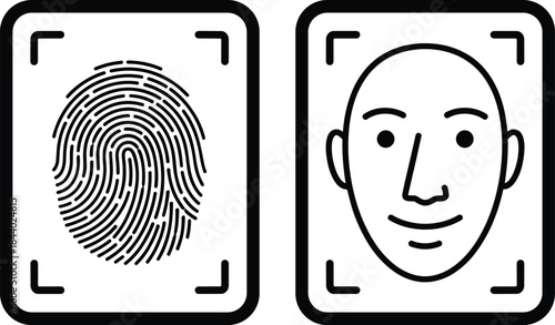 Biometric Authentication Icon Set Featuring Fingerprint Scan and Face Recognition Symbols for Secure Login, Identity Verification, Privacy Protection, and Modern UI Design