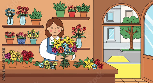 Smiling female florist arranging a beautiful bouquet of fresh flowers.