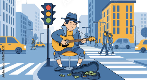 Street Musician Playing Guitar for Tips.