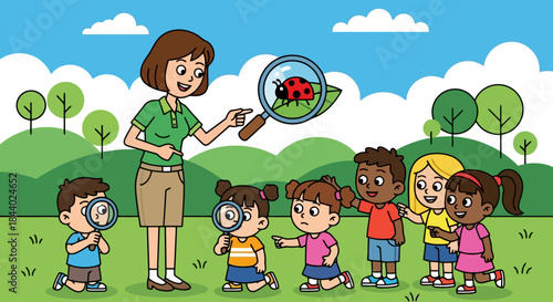 Teacher and diverse group of children exploring nature with magnifying glasses.